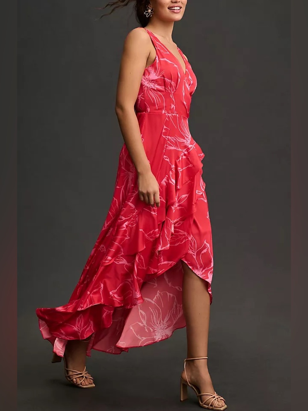 ANTHROPOLOGIE X HUTCH Floral Tiered V-Neck Ruffle Wrap Maxi Red Pink Dress EUC L